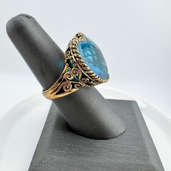 Vintage Sajen Bronze Filigree Heart Ring Dream Blue CZ Retro Glam Modern Chunky - Picture 7 of 14